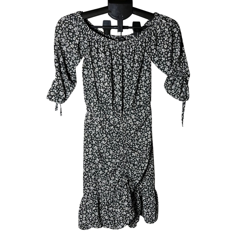 Zara Black Floral Off Shoulder Ruched Mini Dress Womens XS Tie Sleeve Ruffle Hem